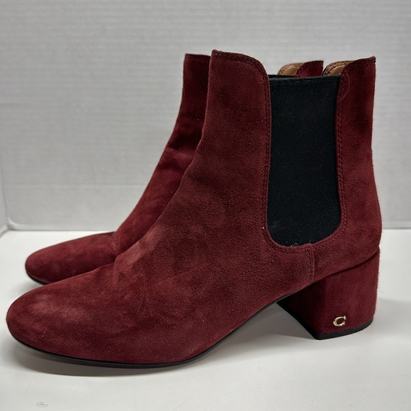 Coach Tia Boots High Heeled Ankle Bootie Slip On Suede Shoes Wine Red Size 9 - Picture 4 of 8
